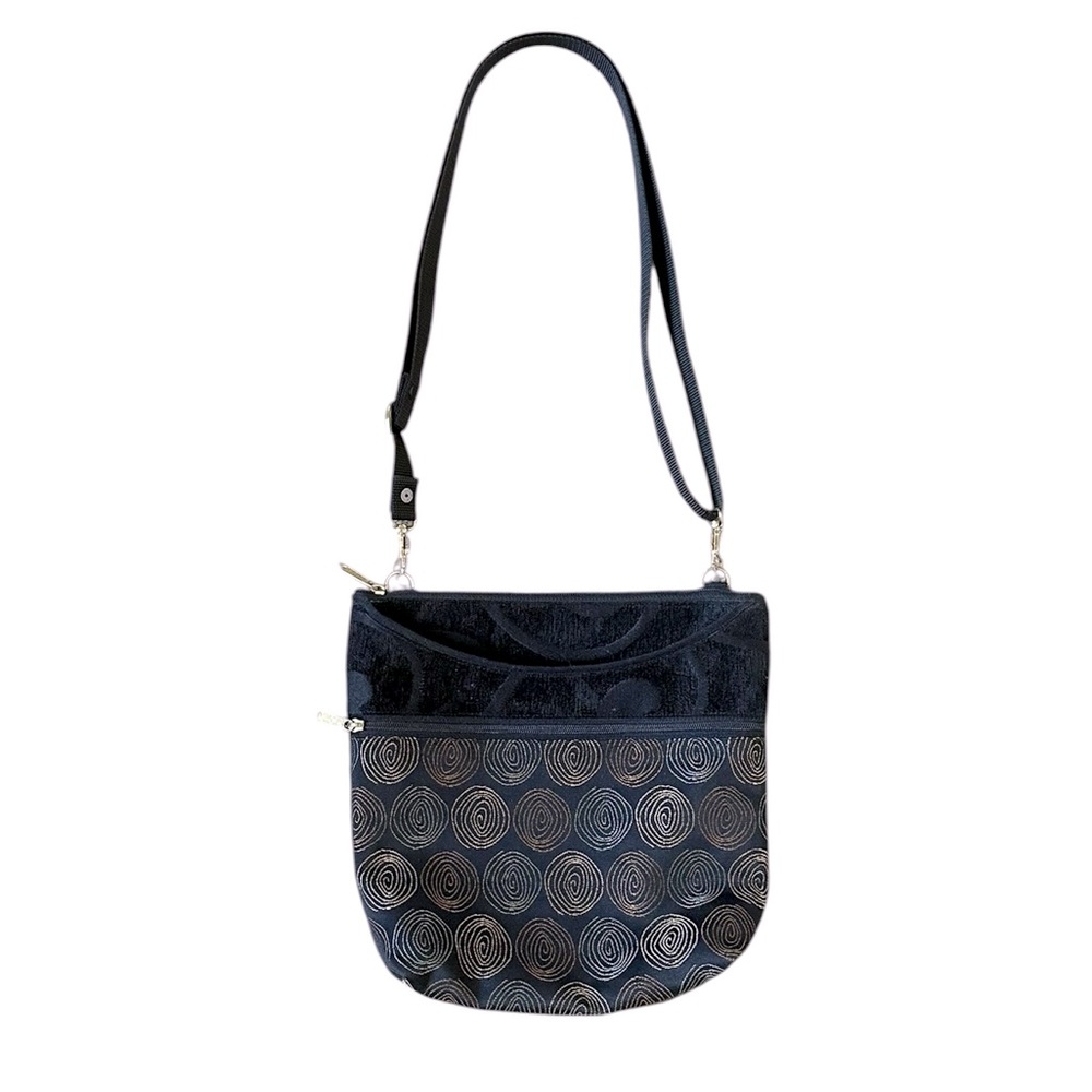 DANNY K black embroidered swirl pattern adjustable crossbody purse Made in USA